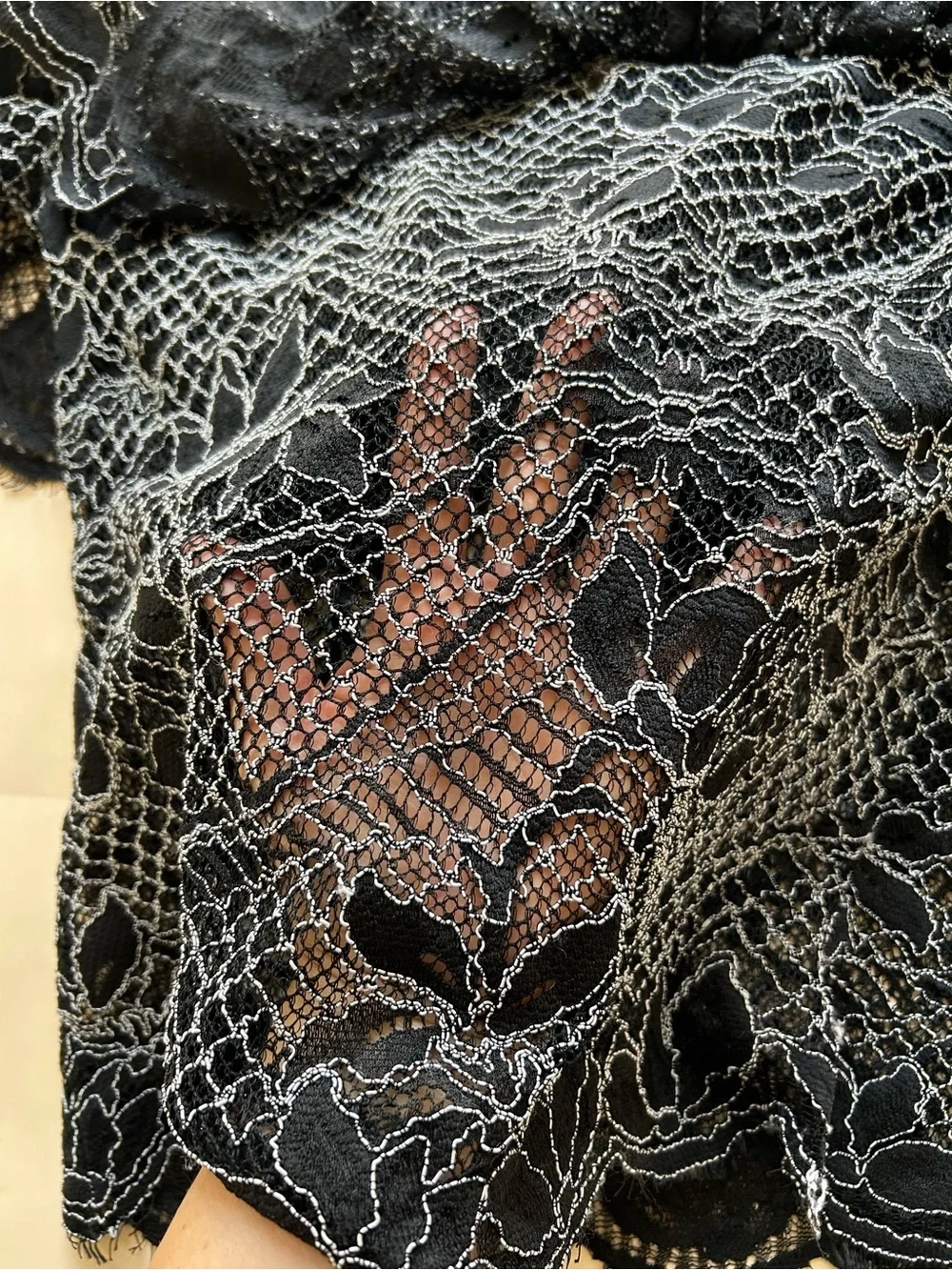 Zara Black Floral Lace Long-Sleeve Top with Ruffle Yoke size XS